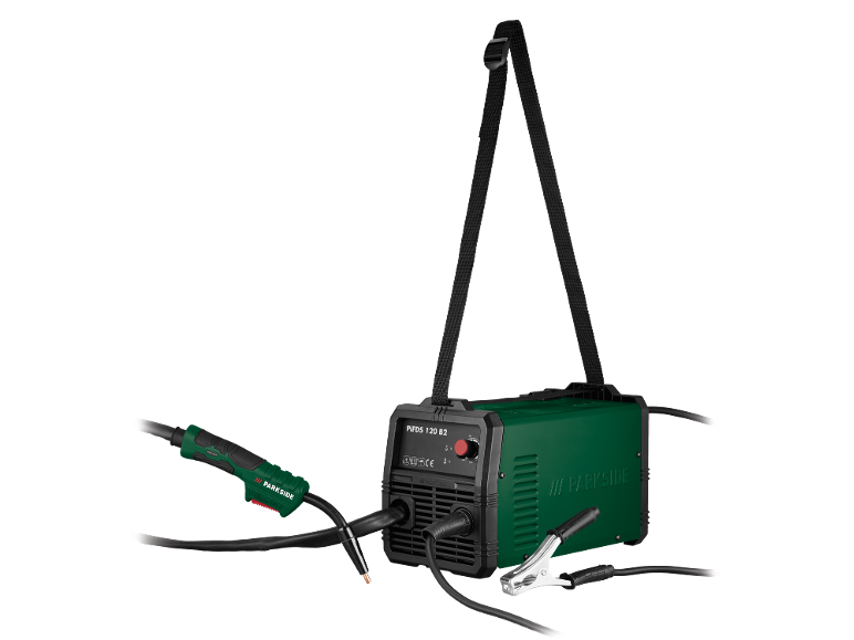 Green welding machine with a welding gun and an earth clamp.
