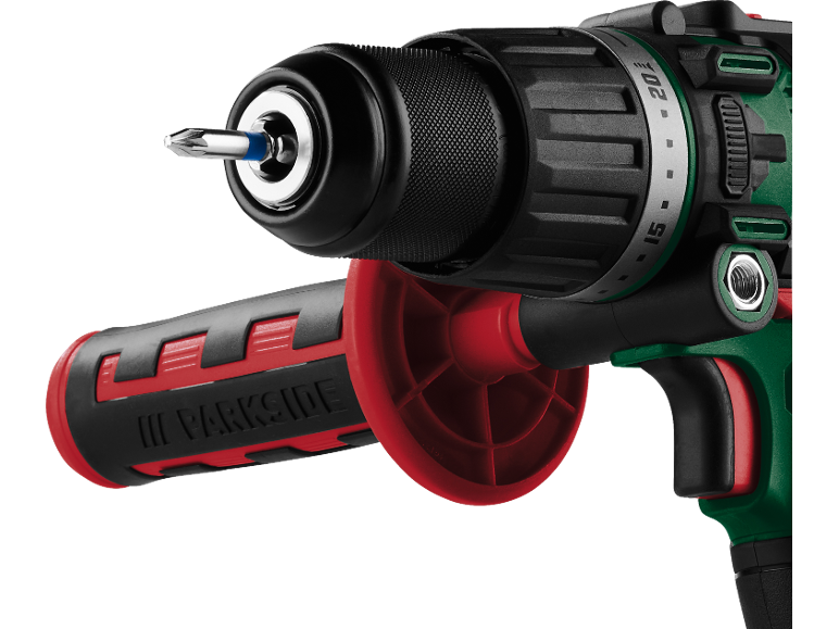Cordless drill with chuck, bit, and red auxiliary handle