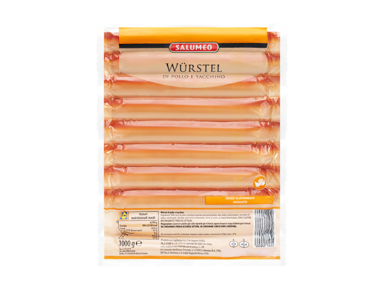 Pack of chicken and turkey sausages, with nutritional information and cooking instructions.