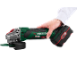 Hand holding a cordless angle grinder with a cutting disc.