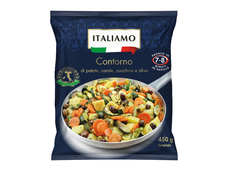 Frozen vegetable mix with potatoes, carrots, zucchini, and olives, ready in 7-8 minutes.