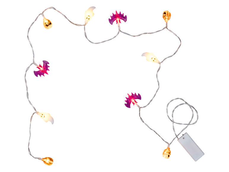 Halloween string lights with glowing pumpkins, ghosts, and bats on a black background.