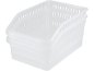 Transparent plastic storage bins stacked on top of each other.