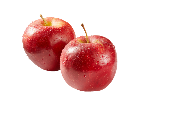 Two fresh red apples with water droplets on a black background.