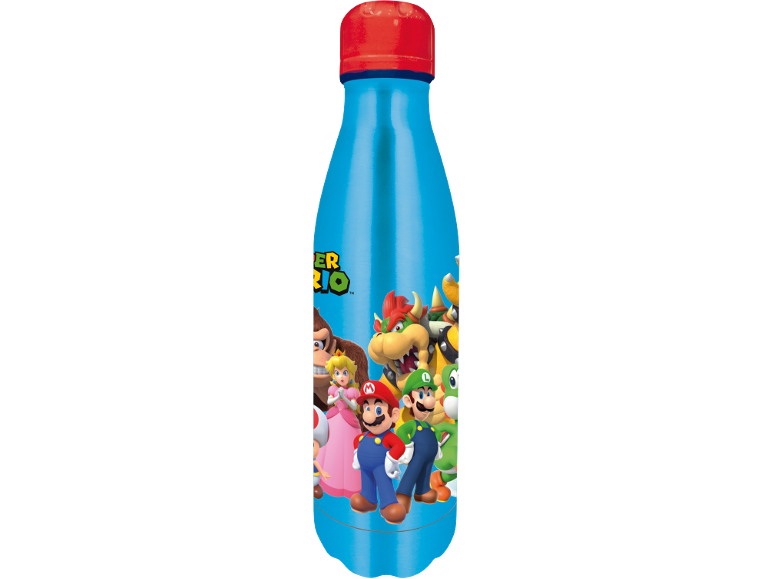 Blue water bottle with red cap, featuring video game characters like Mario and Luigi.