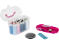Sewing kit with a box of colorful threads, assorted needles, and accessories in a pink case.