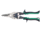 Tin snips with grey blades and green and black handles.
