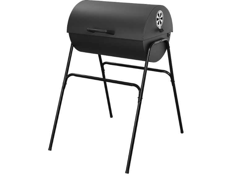 Black barrel charcoal grill on a stand with a handle and a ventilation opening.