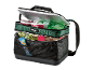 Two-compartment cooler bag filled with food and drinks.