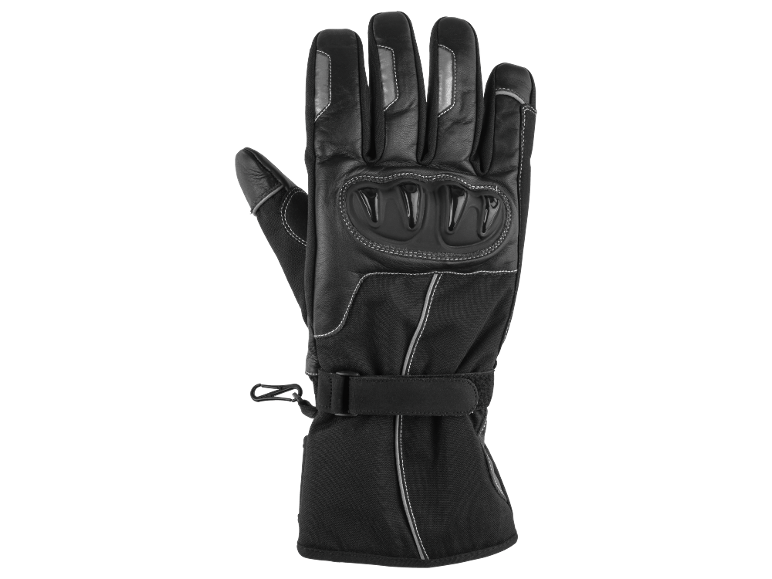 Black motorcycle glove with knuckle protection and adjustable wrist strap.