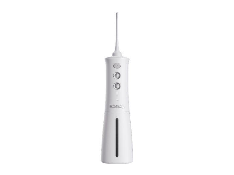 White dental irrigator with nozzle, control buttons, and water level indicator.