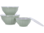 Set of three light green mixing bowls with white lids.