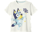 Kids' white short-sleeved T-shirt with a dog print and the text 'BED. SLEEP. NOW.'
