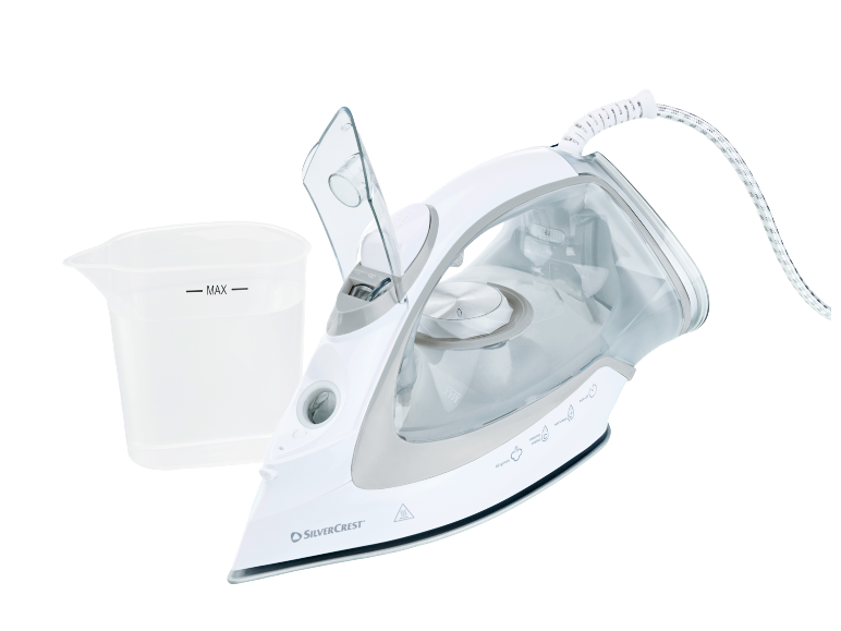 White steam iron with a water jug, featuring a transparent water tank and cord.