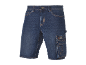 Blue denim shorts with cargo pockets and orange stitching