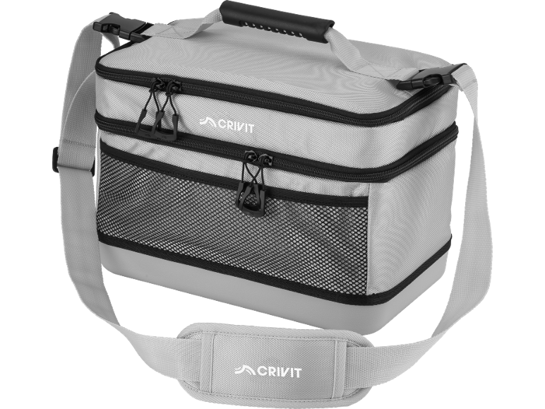 Grey portable cooler bag with two sections, black zippers, and a mesh pocket.
