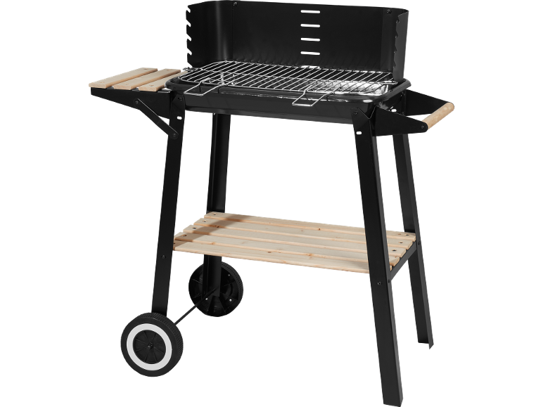 Black charcoal grill with wheels, side shelves, and a light wood bottom shelf.