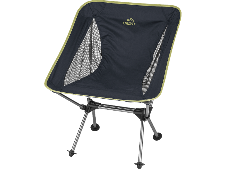 Dark blue foldable camping chair with mesh sides and yellow trim.