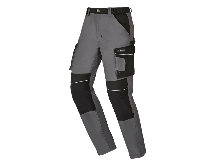 Grey and black work trousers with pockets and reinforced knees.
