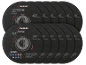 Black metal cutting discs with technical specifications and safety icons.