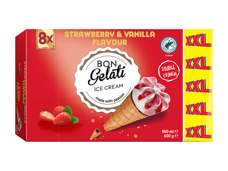 Ice cream box with 8 strawberry and vanilla ice creams, with double crunch.