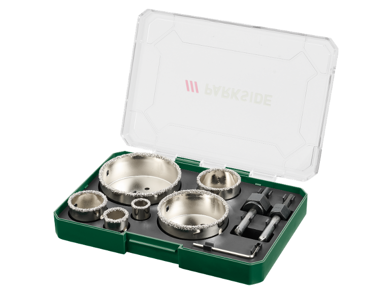 Diamond hole saw set with adapters in a green case.
