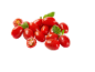 Fresh red cherry tomatoes with water droplets and green leaves.
