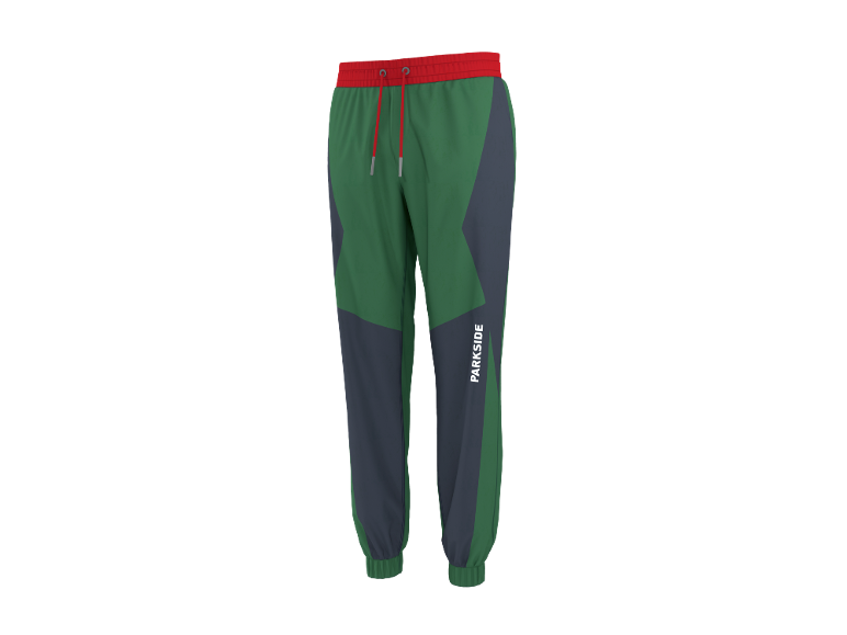 Green and grey sweatpants with a red waistband and red drawstrings, featuring 'PARKSIDE' text.