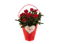 Red roses in a red basket with a heart that says 'Rosa'.