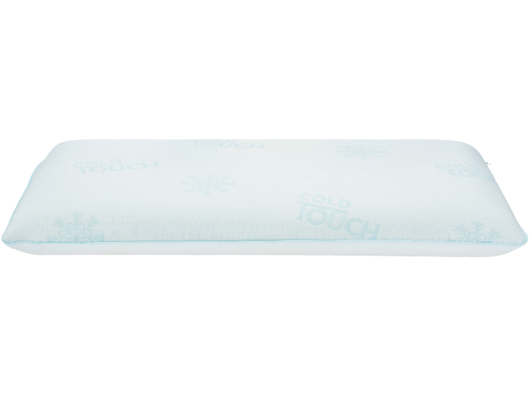Light blue pillow with 'COLD TOUCH' text and snowflake patterns.