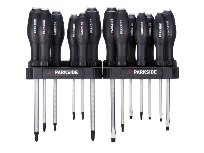 Precision screwdriver set with ergonomic handles and stands, including Phillips, Pozidriv, Torx, and flat tips.