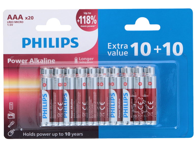 Pack of 20 AAA alkaline batteries, with an extra 10+10 batteries and 118% more power.