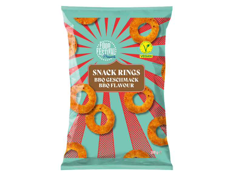 Snack Rings BBQ flavour, vegan, 100g bag with a retro festival design.