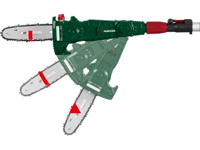 Green electric chainsaw with three positions, demonstrating its versatility.
