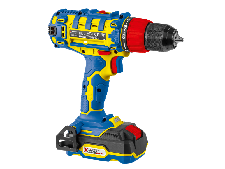 Blue and yellow cordless drill with battery, torque settings, and black chuck.