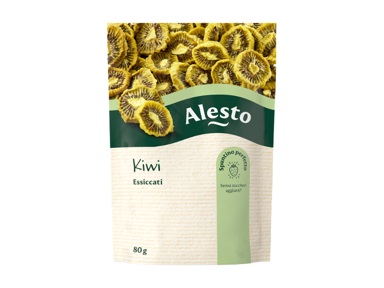 Pouch of dried kiwi, 80g, with no added sugars, for a perfect snack.