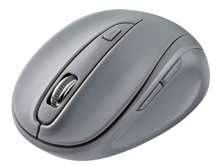 Gray wireless computer mouse with a scroll wheel and DPI buttons.