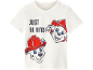 White kids' t-shirt with cartoon dog print and 'JUST BE KIND!' text.