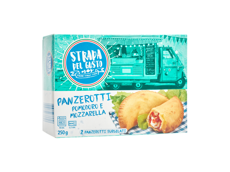 Box of tomato and mozzarella panzerotti, with cooking instructions and weight.