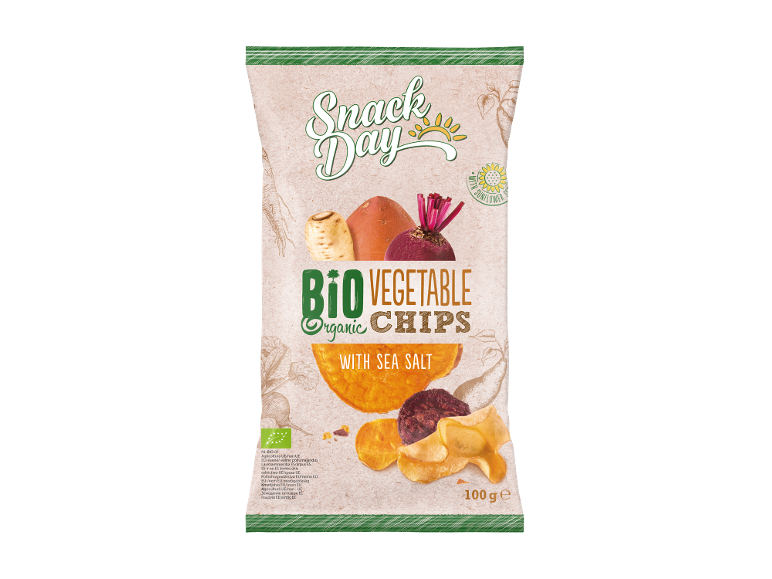 Packaging of vegetable chips with sea salt, featuring root vegetables and sunflower.