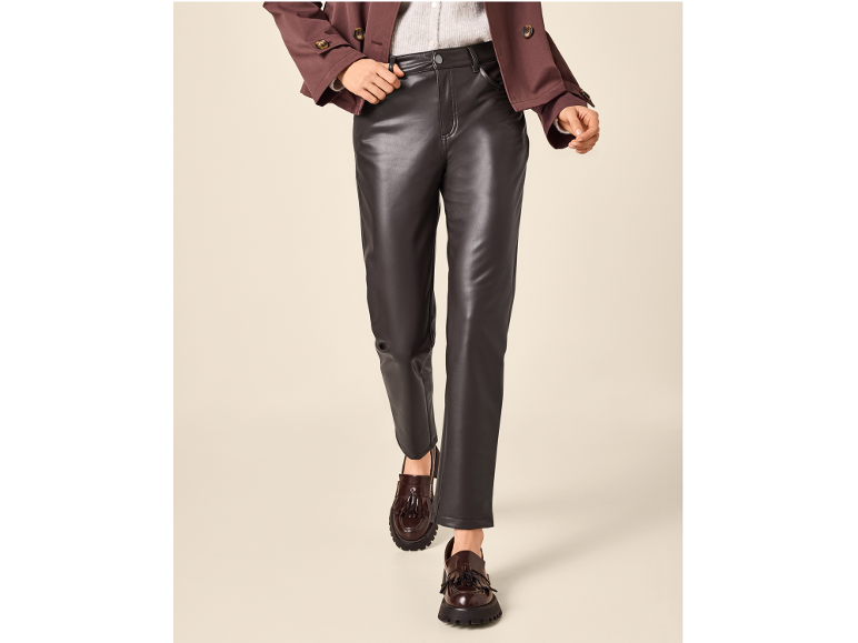 Brown faux leather trousers with jacket and tassel loafers