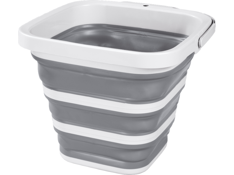Grey and white collapsible bucket with handles, ideal for home or camping.