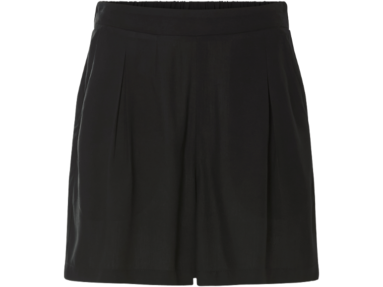 Black shorts with pleats and an elastic waistband.