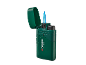 Green gas lighter with an open lid and a blue flame.