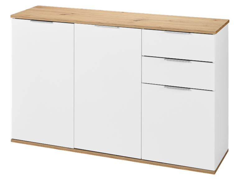 White sideboard with three doors and three drawers, featuring a wooden top and base.