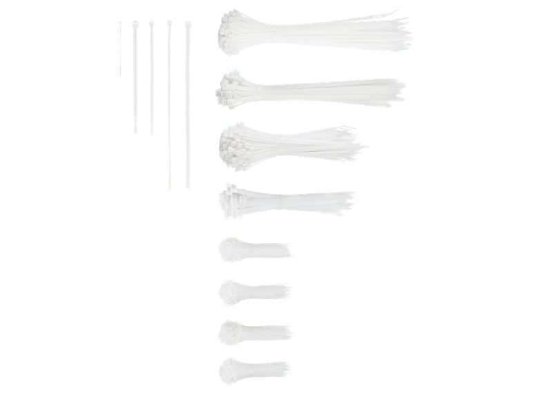 Various bundles of white plastic cable ties in different sizes on a black background.