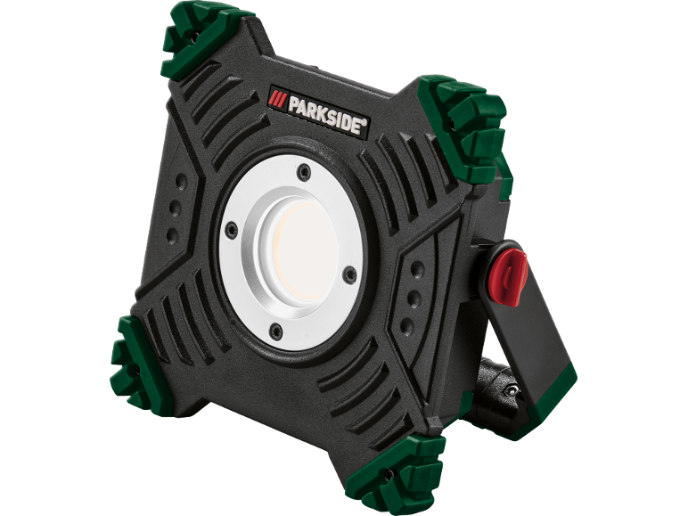 Compact, robust LED work light with green details and adjustable handles.