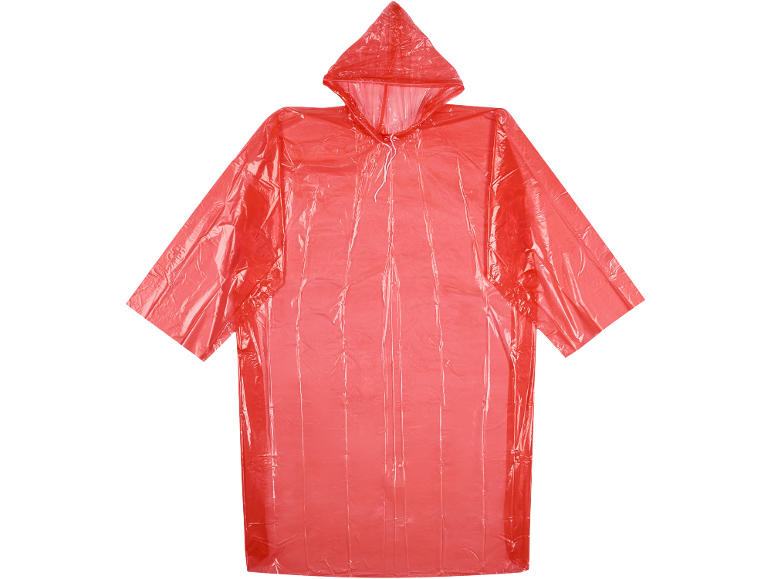 Red disposable rain poncho with a hood.