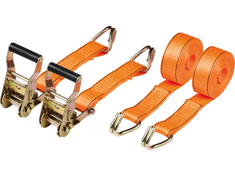 Orange ratchet tie-down straps with metal hooks and ratchets on a black background.