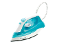 White and blue steam iron with a patterned power cord.